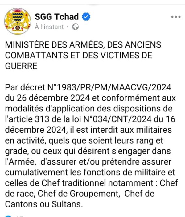 #TCHAD #Armée nationale : Le cumul des titres est interdit dans l’armée nationale.